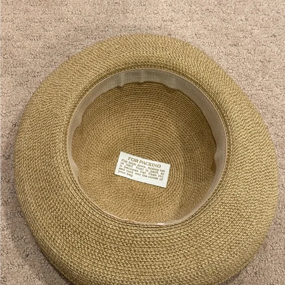 Eric Javits Wide Brim Straw Hat in Natural Tan with Gold Button - Picture 4 of 5